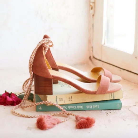 Sezane Lorenzo Pink Suede Fringe Ankle Tie Open Toe Heel Sandals Size 38 (US 7)
