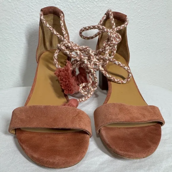 Sezane Lorenzo Pink Suede Fringe Ankle Tie Open Toe Heel Sandals Size 38 (US 7)