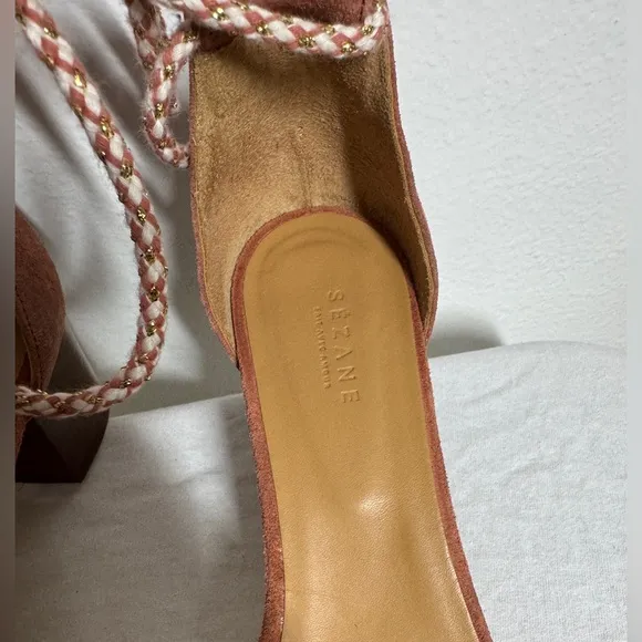 Sezane Lorenzo Pink Suede Fringe Ankle Tie Open Toe Heel Sandals Size 38 (US 7)