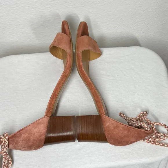 Sezane Lorenzo Pink Suede Fringe Ankle Tie Open Toe Heel Sandals Size 38 (US 7)