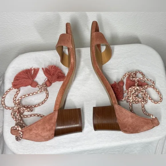 Sezane Lorenzo Pink Suede Fringe Ankle Tie Open Toe Heel Sandals Size 38 (US 7)