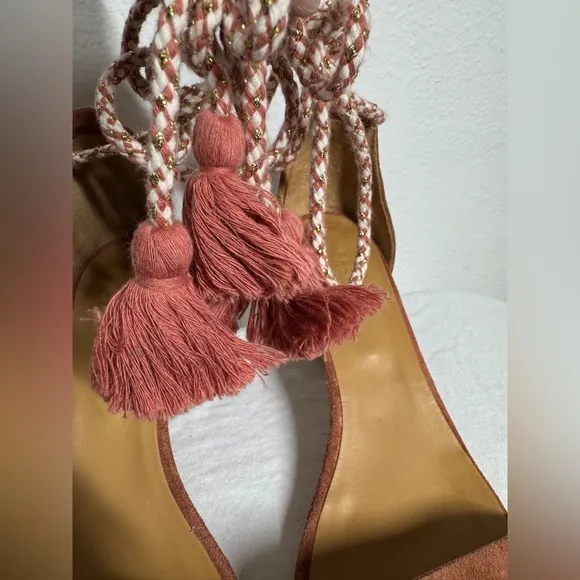 Sezane Lorenzo Pink Suede Fringe Ankle Tie Open Toe Heel Sandals Size 38 (US 7)