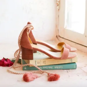 Sezane Lorenzo Pink Suede Fringe Ankle Tie Open Toe Heel Sandals Size 38 (US 7)