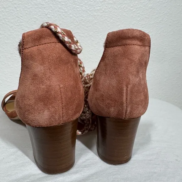 Sezane Lorenzo Pink Suede Fringe Ankle Tie Open Toe Heel Sandals Size 38 (US 7)