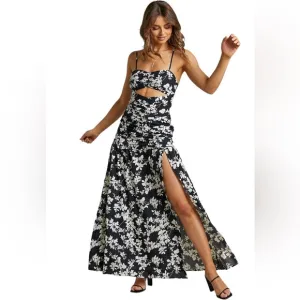 SHOWPO | NWT Mikaela Ruched Front Maxi Dress with Cut Out in Black Floral, Sz 8