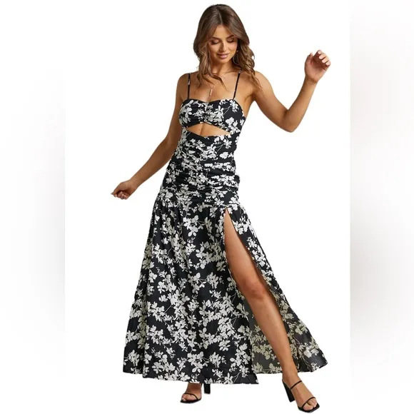 SHOWPO | NWT Mikaela Ruched Front Maxi Dress with Cut Out in Black Floral, Sz 8