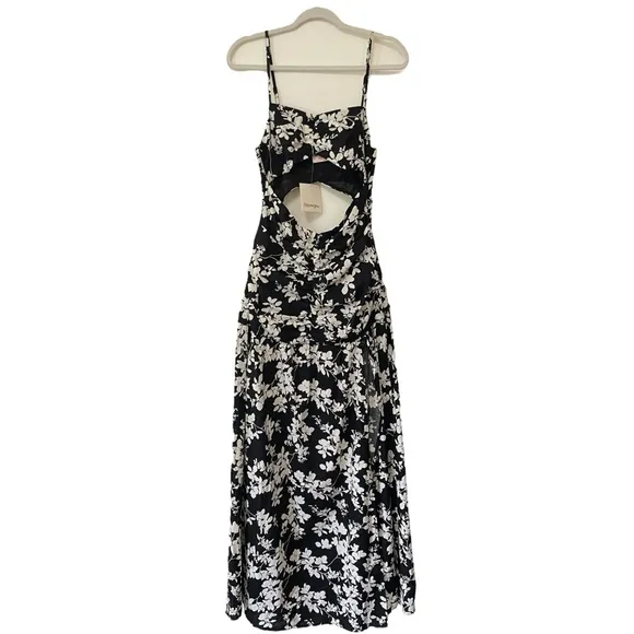 SHOWPO | NWT Mikaela Ruched Front Maxi Dress with Cut Out in Black Floral, Sz 8