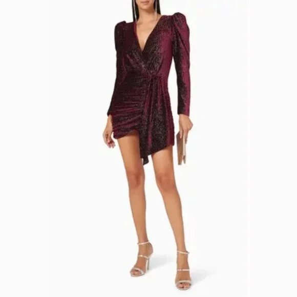 💥SHOWSTOPPER!💥Lavish Alice Burgundy Diamante Velvet Wrap Draped Mini Dress