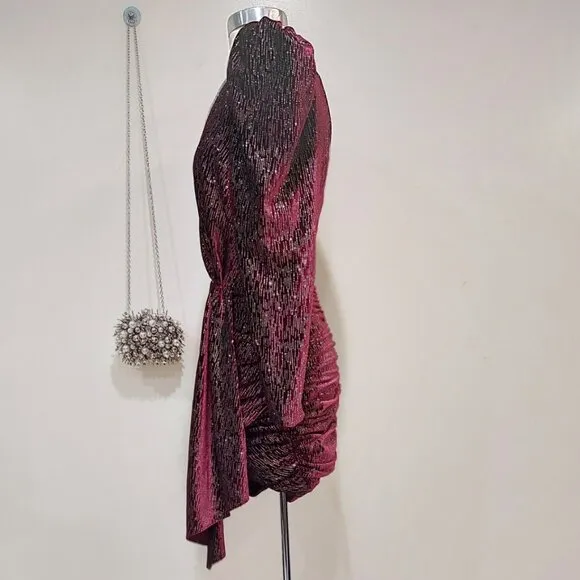 💥SHOWSTOPPER!💥Lavish Alice Burgundy Diamante Velvet Wrap Draped Mini Dress