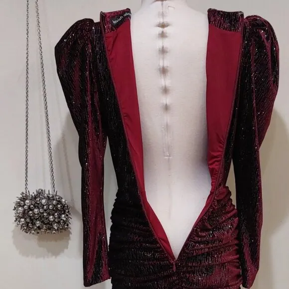 💥SHOWSTOPPER!💥Lavish Alice Burgundy Diamante Velvet Wrap Draped Mini Dress