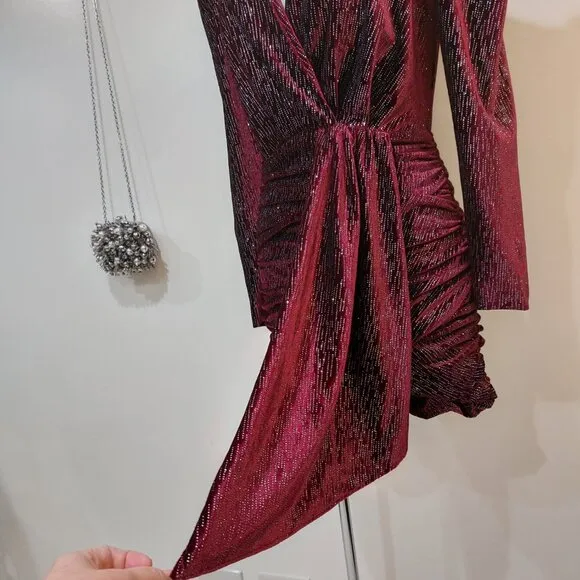 💥SHOWSTOPPER!💥Lavish Alice Burgundy Diamante Velvet Wrap Draped Mini Dress