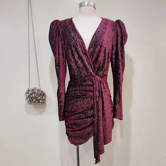 💥SHOWSTOPPER!💥Lavish Alice Burgundy Diamante Velvet Wrap Draped Mini Dress