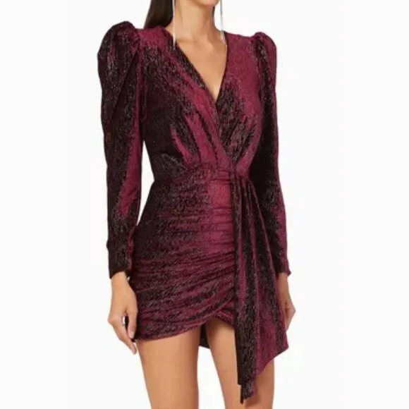 💥SHOWSTOPPER!💥Lavish Alice Burgundy Diamante Velvet Wrap Draped Mini Dress
