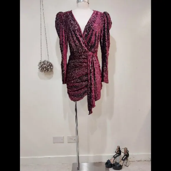 💥SHOWSTOPPER!💥Lavish Alice Burgundy Diamante Velvet Wrap Draped Mini Dress