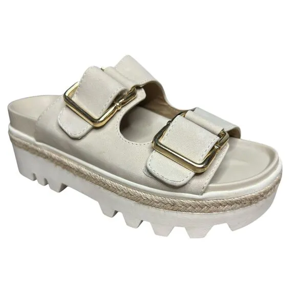 ShuShop Women’s 7.5 XLYA Platform Sandals Beige Slip On Buckle NEW