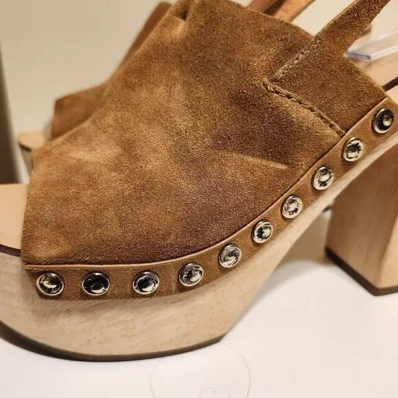 Sigerson Morrison &quot;Quentin&quot; Tan Suede Wood Sole Platform Sandals sz.8 Ret.$399