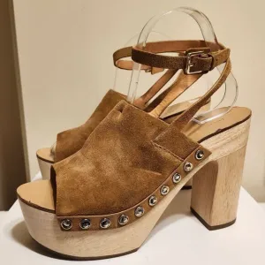 Sigerson Morrison &quot;Quentin&quot; Tan Suede Wood Sole Platform Sandals sz.8 Ret.$399
