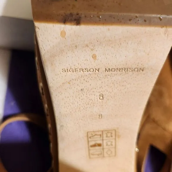 Sigerson Morrison &quot;Quentin&quot; Tan Suede Wood Sole Platform Sandals sz.8 Ret.$399