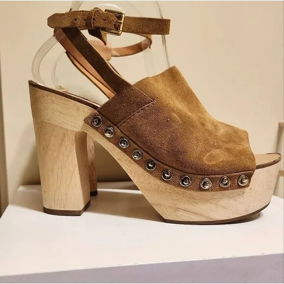 Sigerson Morrison &quot;Quentin&quot; Tan Suede Wood Sole Platform Sandals sz.8 Ret.$399
