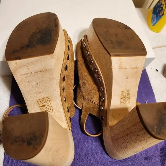 Sigerson Morrison &quot;Quentin&quot; Tan Suede Wood Sole Platform Sandals sz.8 Ret.$399