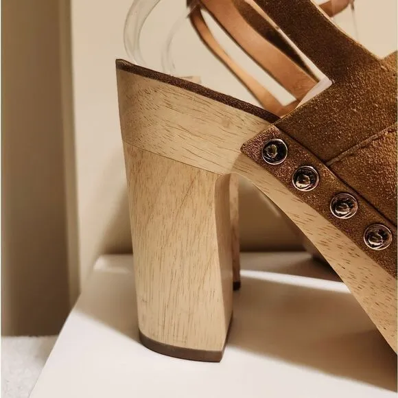 Sigerson Morrison &quot;Quentin&quot; Tan Suede Wood Sole Platform Sandals sz.8 Ret.$399