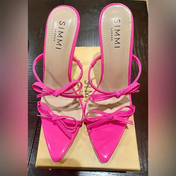 SIMMI High Heels Bowknot Neon Pink Patent Sandals Stiletto Mules Shoe Size 8.