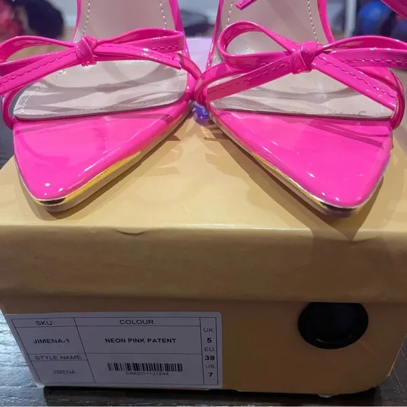 SIMMI High Heels Bowknot Neon Pink Patent Sandals Stiletto Mules Shoe Size 8.