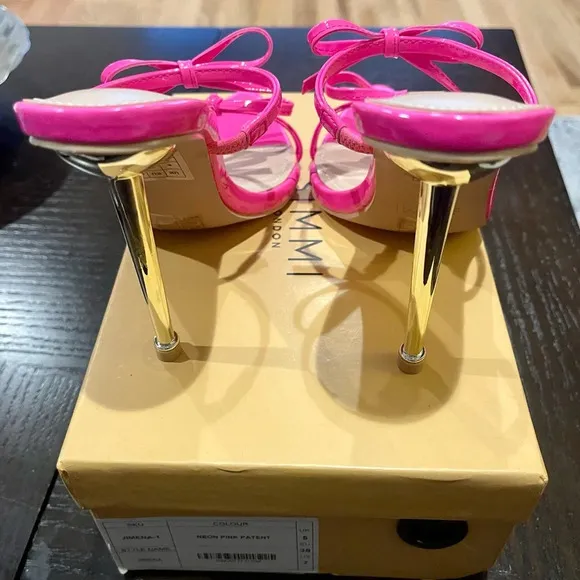 SIMMI High Heels Bowknot Neon Pink Patent Sandals Stiletto Mules Shoe Size 8.