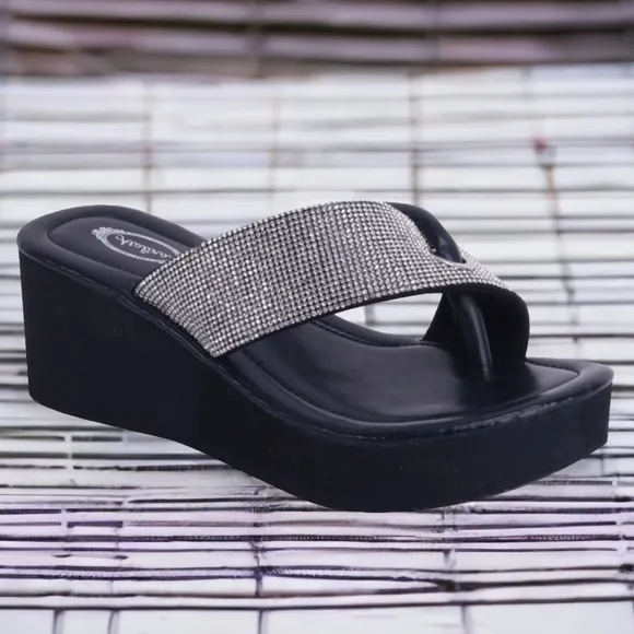 Size 5.5 Italina Black Silver Rhinestone Embellished Platform Thong Sandal