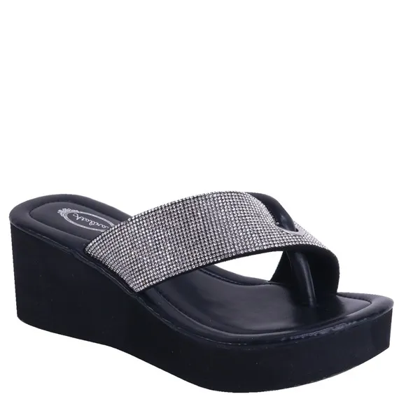 Size 5.5 Italina Black Silver Rhinestone Embellished Platform Thong Sandal