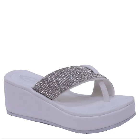 Size 5.5 Italina Black Silver Rhinestone Embellished Platform Thong Sandal