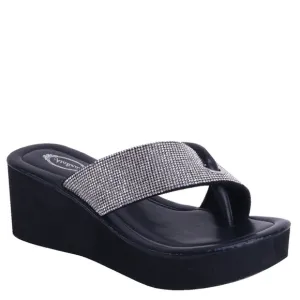 Size 5.5 Italina Black Silver Rhinestone Embellished Platform Thong Sandal