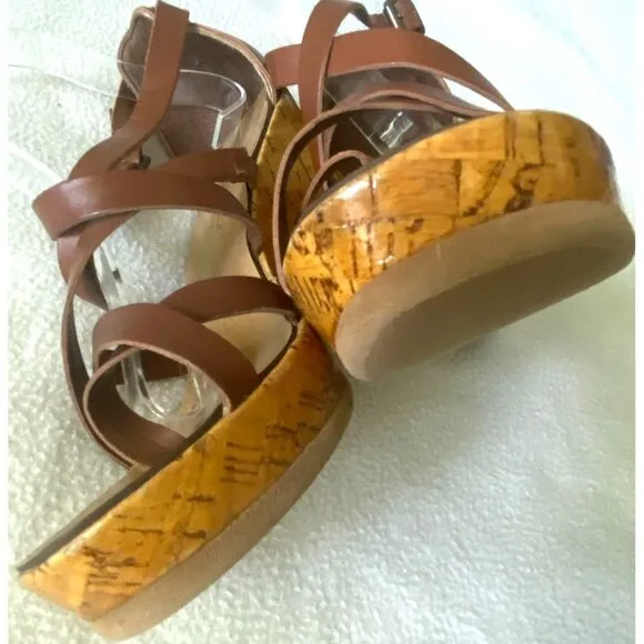 size 8.5 Michael Kors Glossy Cork Sandal,‎ Luggage Brown Strappy Platform Heel