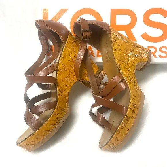 size 8.5 Michael Kors Glossy Cork Sandal,‎ Luggage Brown Strappy Platform Heel
