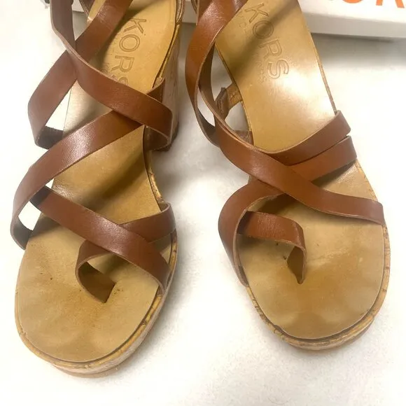 size 8.5 Michael Kors Glossy Cork Sandal,‎ Luggage Brown Strappy Platform Heel