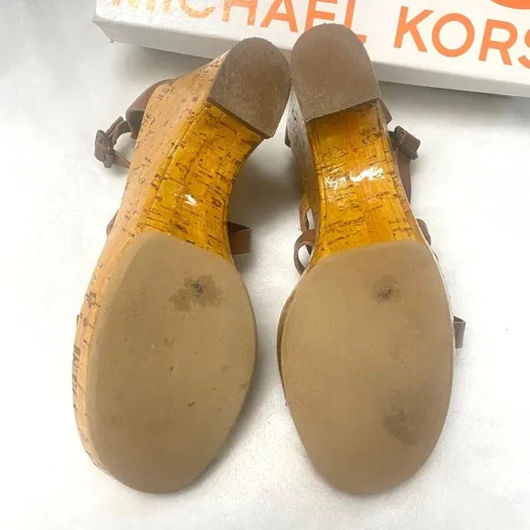 size 8.5 Michael Kors Glossy Cork Sandal,‎ Luggage Brown Strappy Platform Heel