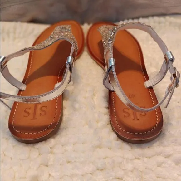 SJS Beverly Hills Silver Rhinestones T-Strap Leather Sandals Women's Size 40