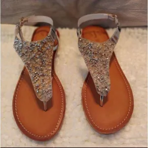 SJS Beverly Hills Silver Rhinestones T-Strap Leather Sandals Women's Size 40