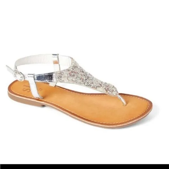 SJS Beverly Hills Silver Rhinestones T-Strap Leather Sandals Women's Size 40