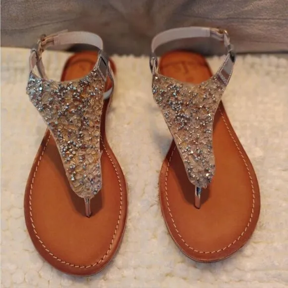 SJS Beverly Hills Silver Rhinestones T-Strap Leather Sandals Women's Size 40