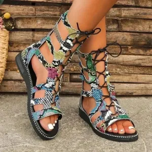 Snakeskin Flat Lace Up Sandals