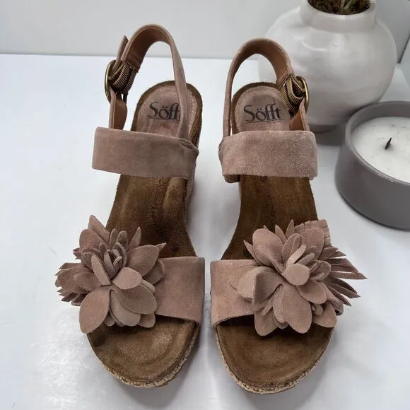 Sofft Cali Suede Floral Wedge Sandals Rose Taupe SF0078188 Women's 8.5M NWOB