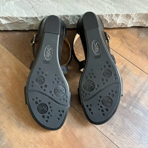 Sofft Women’s Size 6.5 WIDE Innis Black Strappy Leather Wedge Sandals NEW