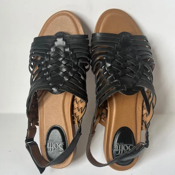 Sofft Woven Black Leather Cushioned Comfy Gladiator Casual Sandals Flats 8.5