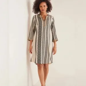 Soft Surroundings Rhea Aztec Embellished Caftan Dress | Black &amp; Cream | XL