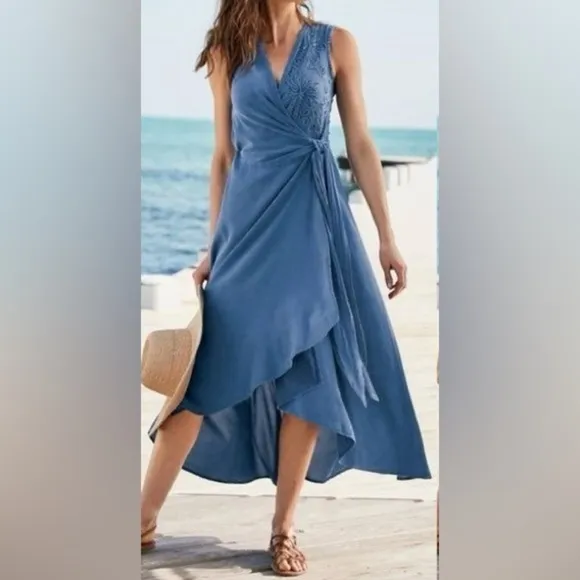 Soft Surroundings Santa Fe Cotton Gauze Midi Wrap Dress - Blue - Size 20 / 3X