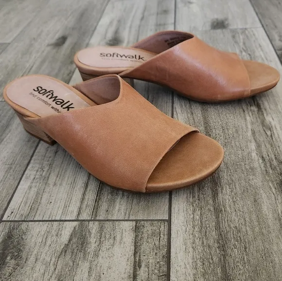 SOFTWALK PARKER Mule Heels Sandals Camel Tan Congac Open Toe Slip On Comfort 8N