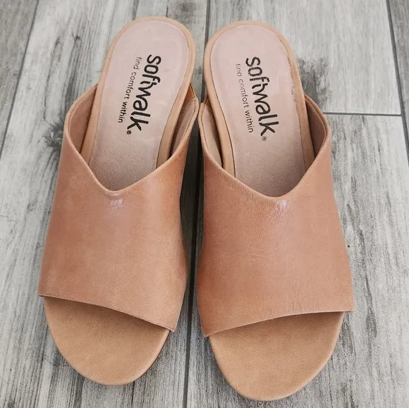 SOFTWALK PARKER Mule Heels Sandals Camel Tan Congac Open Toe Slip On Comfort 8N