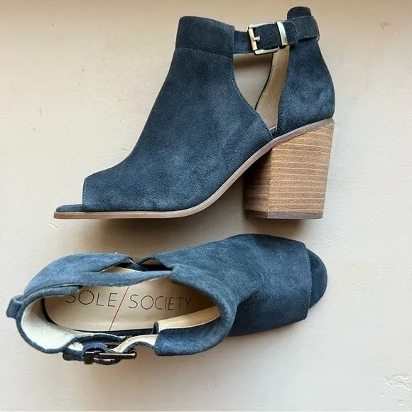 Sole Society Blue Suede So-Ferris Open Toe Bootie Sandals Block Heel Size 7.5