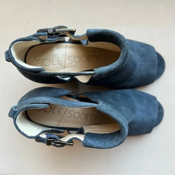 Sole Society Blue Suede So-Ferris Open Toe Bootie Sandals Block Heel Size 7.5